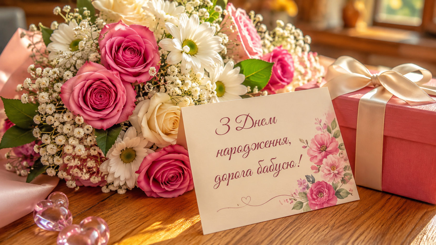 Квіти та листівка для бабусі