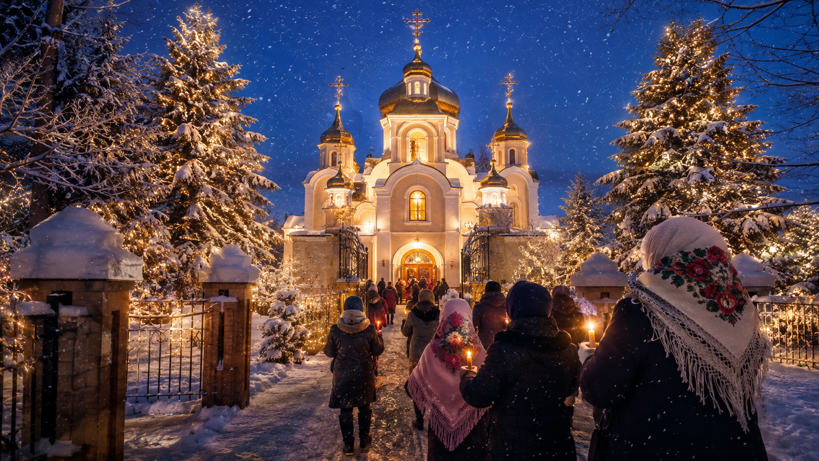 Святкова церква у різдвяний вечір серед засніженого пейзажу.